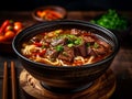 Beef noodle soup. Taiwanese Beef Noodle Soup on Wooden Background. AI Generative