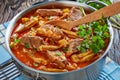 Beef and Okra Stew in a metal pot