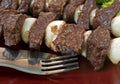 Beef and onion kabobs on plate