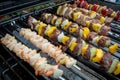 Beef, Onion, Pepper and Prawn Cooking on a Barbecue Kebab