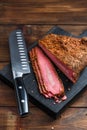 Beef pastrami sliced on wooden board Royalty Free Stock Photo