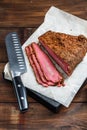 Beef pastrami sliced on wooden board Royalty Free Stock Photo