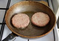Beef patties in a frying pan Royalty Free Stock Photo