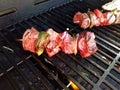 Beef and pepper on wood stick on barbecue grill Royalty Free Stock Photo