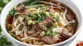 Beef Pho Noodle Soup with Fresh Herbs and Chili