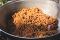 Beef plov, big plate pan of beef fried rice pilaf, cauldron with traditional Central Asia cuisine Uzbek dish with lamb, vegetables