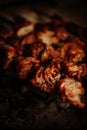 Beef pork shish kebabs roasting on the grill closeup. smoky meat, bbq party. outdoor recreation, vacation. vertical photo, Royalty Free Stock Photo