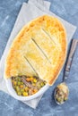 Beef pot pie or deep dish pie in baking dish, crust broken open, vertical, top view