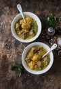 Beef potato massaman curry on wooden background, top view. Comfort, delicious food Royalty Free Stock Photo