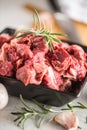 Beef. Raw sliced beef meat garlic onion salt pepper and rosemary Royalty Free Stock Photo