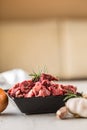 Beef. Raw sliced beef meat garlic onion salt pepper and rosemary Royalty Free Stock Photo