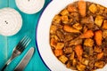 Beef and Red wine Casserole With Roast Potatoes Carrots and Mush Royalty Free Stock Photo