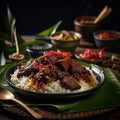 Beef rendang is served with rice on a plate covered in banana leaves
