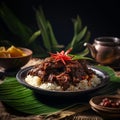 Beef rendang is served with rice on a plate covered in banana leaves