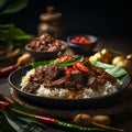 Beef rendang is served with rice on a plate covered in banana leaves