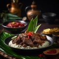 Beef rendang is served with rice on a plate covered in banana leaves