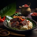 Beef rendang is served with rice on a plate covered in banana leaves