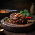 Beef Rendang On Stone In Rustic Pub. Generative AI
