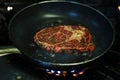 Beef rib eye steak cooking in hot non stick pan Royalty Free Stock Photo