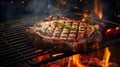 beef ribeye steak grilling on flaming grill, ai generated Royalty Free Stock Photo