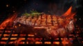 beef ribeye steak grilling on flaming grill, ai generated Royalty Free Stock Photo