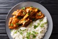 Beef ribs in a spicy sauce with rice garnish close-up on a plate. horizontal top view Royalty Free Stock Photo