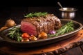 beef roast with heady aromas of garlic and rosemary on a dark ceramic platter