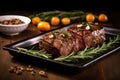 beef roast with heady aromas of garlic and rosemary on a dark ceramic platter