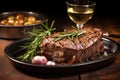 beef roast with heady aromas of garlic and rosemary on a dark ceramic platter