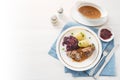 Beef roll or roulade with red cabbage, potatoes and sauce on a b Royalty Free Stock Photo