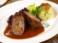 Fine Meat - Beef Rolls with Red Cabbage and Potato Dumpling isolated on white Background Royalty Free Stock Photo