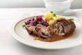 Beef roulade with red cabbage and potatoes, german meat roll stu Royalty Free Stock Photo