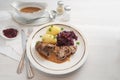 Beef roulade with red cabbage, potatoes and sauce, german meat r Royalty Free Stock Photo