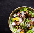 Beef salad with radish, peach and green vegetables