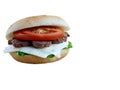 Beef sandwich with melted Mozarella, lettuce and tomato isolated on white background Royalty Free Stock Photo