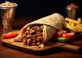 Beef shawarma doner kebab on chopping board.Macro.AI Generative