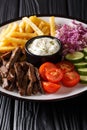 Beef shawarma with vegetables and sauce serving on a plate close-up. vertical Royalty Free Stock Photo