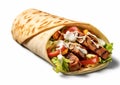 Beef shawarma with vegetables and sauce on white.Macro.AI Generative