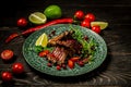 Beef Short Ribs with a in sour sweet berry sauce served with green seedlings on the plate. Shallow Depth of Field. concept of Royalty Free Stock Photo