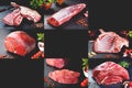 Beef sirloin steaks and T-bone steaks on a stone or black slate background Royalty Free Stock Photo