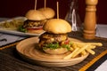 Beef Sliders include onion, tomato, lettuce leaf and french fries served in dish isolated on napkin side view on wooden table Royalty Free Stock Photo