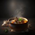 Beef soup in a clay pot on a dark wooden background.