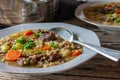 Beef soup with pearl barley and vegetables on a plate Royalty Free Stock Photo