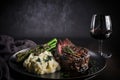 Beef steak with asparagus and mashed potatoes and wine. Royalty Free Stock Photo