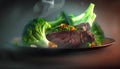 Beef steak with broccoli on a plate. 3d illustration.