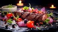 Beef steak with cherry tomatoes, berries and onion slices on a dark background with candles. Haute cuisine