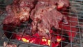 Beef steak cooking over flaming grill Royalty Free Stock Photo