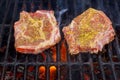 beef steak cooking over flaming grill Royalty Free Stock Photo