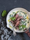 Beef steak and a creamy spinach sauce in a cast iron skillet on a dark background