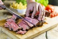 Beef steak cut on chopping board Royalty Free Stock Photo